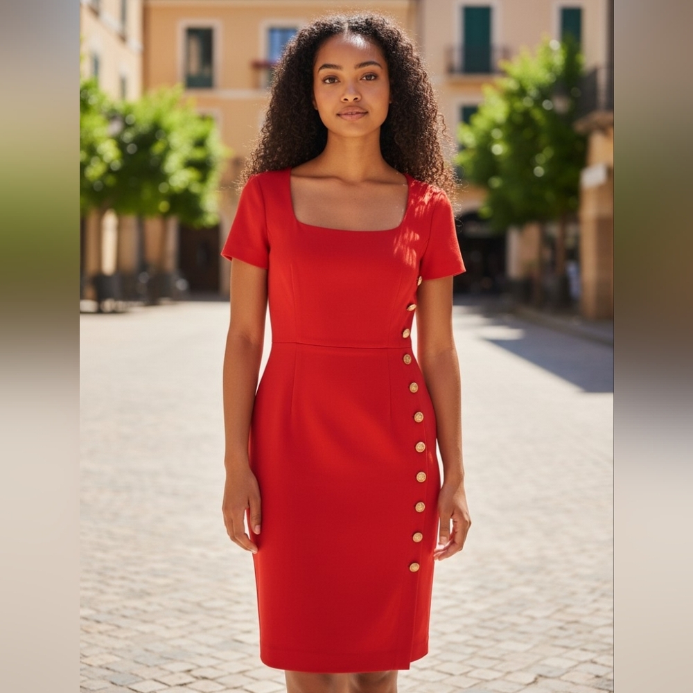 Ann Taylor Red Midi Sheath Dress Button Accents Sexy Simple Quiet Luxury Classic